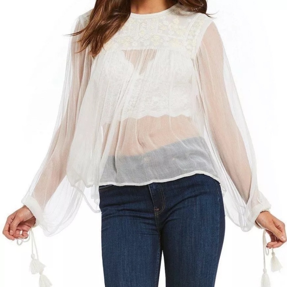 Free People retro femme sheer embroidered blouse Top 35926